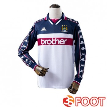 Maillot De Foot Manchester City Retro Exterieur Manche Longue Blanc Bleu Royal 1997-1998